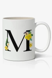 M Harfi Baskılı Çiçek Desenli Dekoratif - Baş Harf Baskılı Kupa Bardak - M Harfli Kahve Bardağı - 1