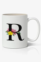 R Harfi Baskılı Çiçek Desenli Dekoratif - Baş Harf Baskılı Kupa Bardak - R Harfli Kahve Bardağı - 1
