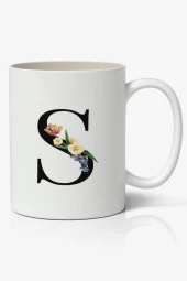 S Harfi Baskılı Çiçek Desenli Dekoratif - Baş Harf Baskılı Kupa Bardak - S Harfli Kahve Bardağı - 1