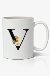 V Harfi Baskılı Çiçek Desenli Dekoratif - Baş Harf Baskılı Kupa Bardak - V Harfli Kahve Bardağı - 1