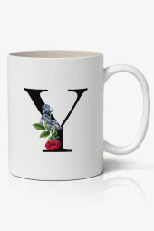 Y Harfi Baskılı Çiçek Desenli Dekoratif - Baş Harf Baskılı Kupa Bardak - Y Harfli Kahve Bardağı - 1