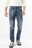 Erkek Dizi Yırtık Boyalı Jean Pantolon Mavi - 4