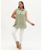 Gömlek Yaka Yakası Düğmeli Aerobin Keten Çağla Yeşili Sıfır Kol Bluz - 1