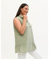 Gömlek Yaka Yakası Düğmeli Aerobin Keten Çağla Yeşili Sıfır Kol Bluz - 4