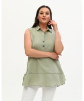 Gömlek Yaka Yakası Düğmeli Aerobin Keten Çağla Yeşili Sıfır Kol Bluz - 5