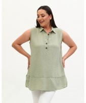 Gömlek Yaka Yakası Düğmeli Aerobin Keten Çağla Yeşili Sıfır Kol Bluz - 6