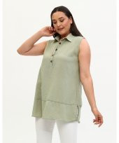 Gömlek Yaka Yakası Düğmeli Aerobin Keten Çağla Yeşili Sıfır Kol Bluz - 7