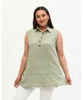 Gömlek Yaka Yakası Düğmeli Aerobin Keten Çağla Yeşili Sıfır Kol Bluz - 8