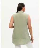 Gömlek Yaka Yakası Düğmeli Aerobin Keten Çağla Yeşili Sıfır Kol Bluz - 9