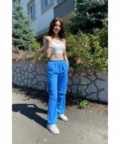 Kargo Cepli Palazzo Model Keten İndigo Mavi Pantolon - 1