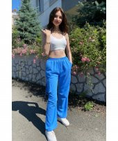 Kargo Cepli Palazzo Model Keten İndigo Mavi Pantolon - 2