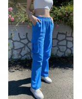 Kargo Cepli Palazzo Model Keten İndigo Mavi Pantolon - 3