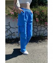 Kargo Cepli Palazzo Model Keten İndigo Mavi Pantolon - 4