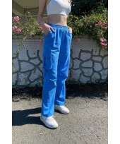 Kargo Cepli Palazzo Model Keten İndigo Mavi Pantolon - 5