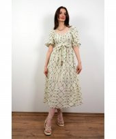 V Yaka Çiçek Desenli Yakası Lastikli Ekru Keten Elbise - 1