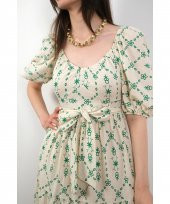 V Yaka Çiçek Desenli Yakası Lastikli Ekru Keten Elbise - 2