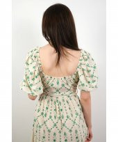 V Yaka Çiçek Desenli Yakası Lastikli Ekru Keten Elbise - 4