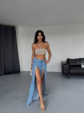 Mavi Önden Fermuarlı Bol Paça Kot Pantolon - 3