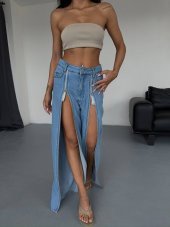 Mavi Önden Fermuarlı Bol Paça Kot Pantolon - 6