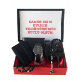 Erkek Siyah Deri Kemer Cüzdan Kartvizit Tespih Bileklik Saat Hediye Seti - 1