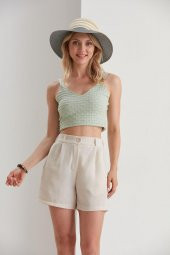 Bej Düğmeli Keten Karışımlı Yazlık Şort - Keten Bayan Şort  - Keten Şort - 1
