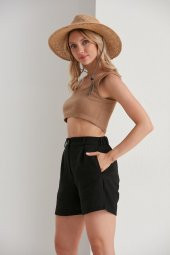 Bej Düğmeli Keten Karışımlı Yazlık Şort - Keten Bayan Şort  - Keten Şort - 8