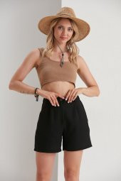 Bej Düğmeli Keten Karışımlı Yazlık Şort - Keten Bayan Şort  - Keten Şort - 9