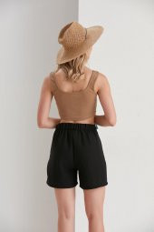 Bej Düğmeli Keten Karışımlı Yazlık Şort - Keten Bayan Şort  - Keten Şort - 11