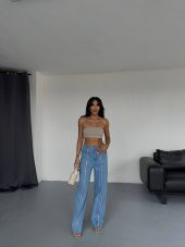 Mavi Önden Fermuarlı Bol Paça Kot Pantolon - 1