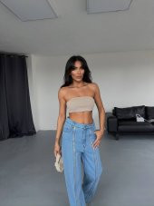 Mavi Önden Fermuarlı Bol Paça Kot Pantolon - 4