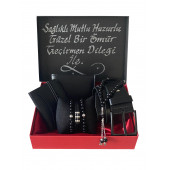 Erkek Siyah Deri Kemer Cüzdan Kartlık Tesbih 3 Adet Bileklik - 1