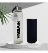 Kişiye Özel Siyah Kılıflı Cam Matara 500 ml HK2671 - 1