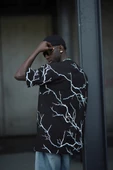 Oversize Pamuklu Bisiklet Yaka Şimşek Baskı Detaylı Erkek Yazlık T-shirt - 4