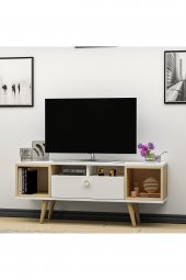 Mobilya Gezegeni Eta Ahşap Ayaklı Tv Ünitesi 120cm Beyaz- Safir Meşe - 2