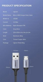 Ugreen 2.4A USB to Mikro Usb Kablo 100Cm - 3