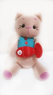 Kırmızı Balıklı Kedi Amigurumi Organik Oyuncak - 1