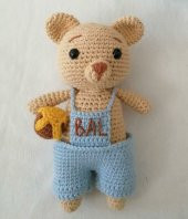 Mavi Tulumlu Ballı Ayıcık Amigurumi Organik Oyuncak - 1