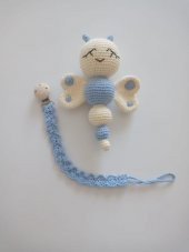 Mavi Kelebek Çıngırak ve Emzik Zinciri Amigurumi Organik Oyuncak - 1
