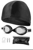 4lü Set Yüzücü Gözlüğü Kumaş Bone Kulak Ve Burun Tıkaçlı Set Yüzme Havuz Deniz Gözlüğü Siyah thumbnail 2