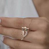 ​925 Ayar Gümüş Rose Yeşil Gözlü Baykuş Kadın Gümüş Kolye thumbnail 3