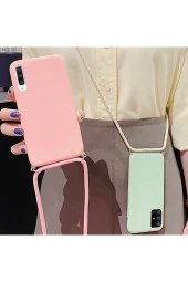 Galaxy A02S ile uyumlu Ipli Boyun Askılı Silikon Kılıf Kadife Iç Yüzeyli Epiphany Kılıf Pembe thumbnail 3