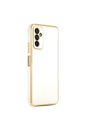 Galaxy M13 Ile Uyumlu Kılıf Gold Kenar Pastel Renkli Halcyon Z-bark Kapak Beyaz thumbnail 1