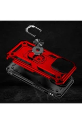 Iphone 14 Pro Max Ile Uyumlu Kılıf Shockproof Zırhlı Kauçuk Yüzük Tutuculu 360° Kırmızı thumbnail 4