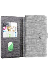 Galaxy S21 Fe Standlı Kartvizitli Ve Para Gözlü Kumaş Desen Gri thumbnail 1