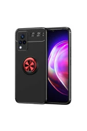 Vivo V21 Uyumlu   Yüzük Tutuculu Mıktanıslı , Standlı Novel Silikon Kılıf Siyah-kırmızı thumbnail 1