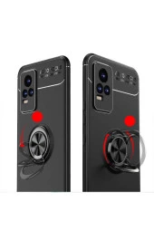 Vivo V21e  Uyumlu    Yüzük Tutuculu Mıktanıslı , Standlı Novel Silikon Kılıf Siyah-kırmızı - 2