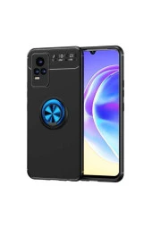 Vivo V21e Uyumlu Yüzük Tutuculu Mıktanıslı , Standlı Novel Silikon Kılıf Siyah-mavi thumbnail 1