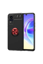 Vivo V21e  Uyumlu    Yüzük Tutuculu Mıktanıslı , Standlı Novel Silikon Kılıf Siyah-kırmızı - 1