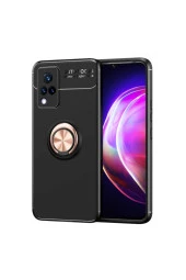 Vivo V21  uyumlu  Yüzük Tutuculu Mıktanıslı , Standlı Novel Silikon Kılıf Siyah-rosegold - 1