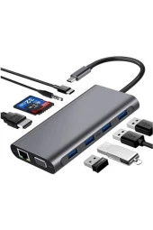 Type-C To HDMI Adaptör 11 In1 4USB 3.0 4K HDMI VGA Type C RJ45 Ethernet SD TF Kart Okuyucu 3.5mm AU thumbnail 1